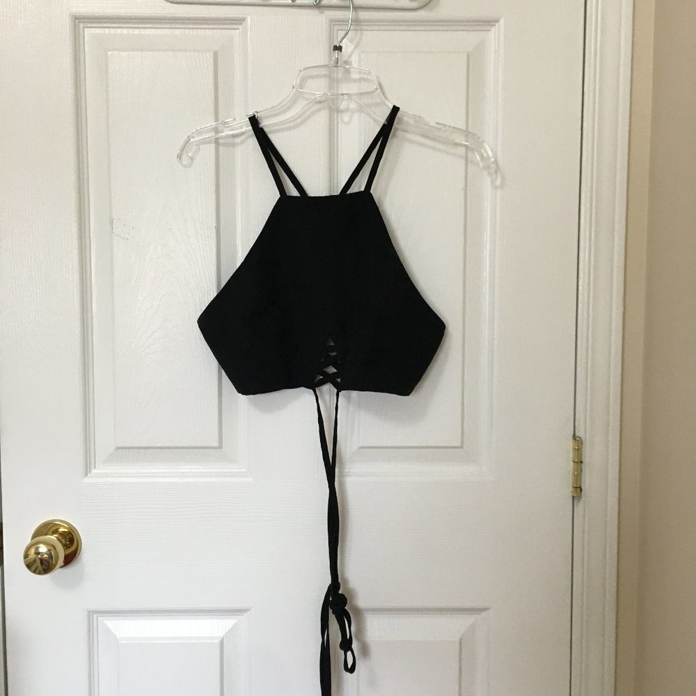 Black Suede Halter Tie Crop Top